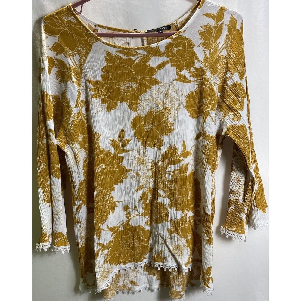 Papermoon Cottagecore Floral Blouse Large Gold Yellow 3/4 Sleeve Cotton Top Fall